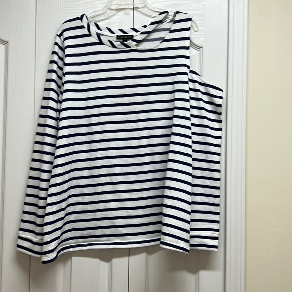 Lane Bryant white and navy blue striped top with 1 cold shoulder size 18/20